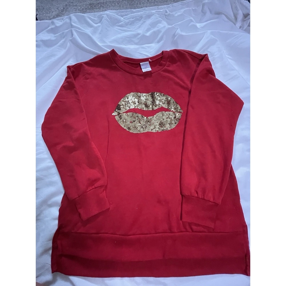 Sequin Lips NO BOUNDARIES RED LONG SLEEVE SCOOP NECK shirt S